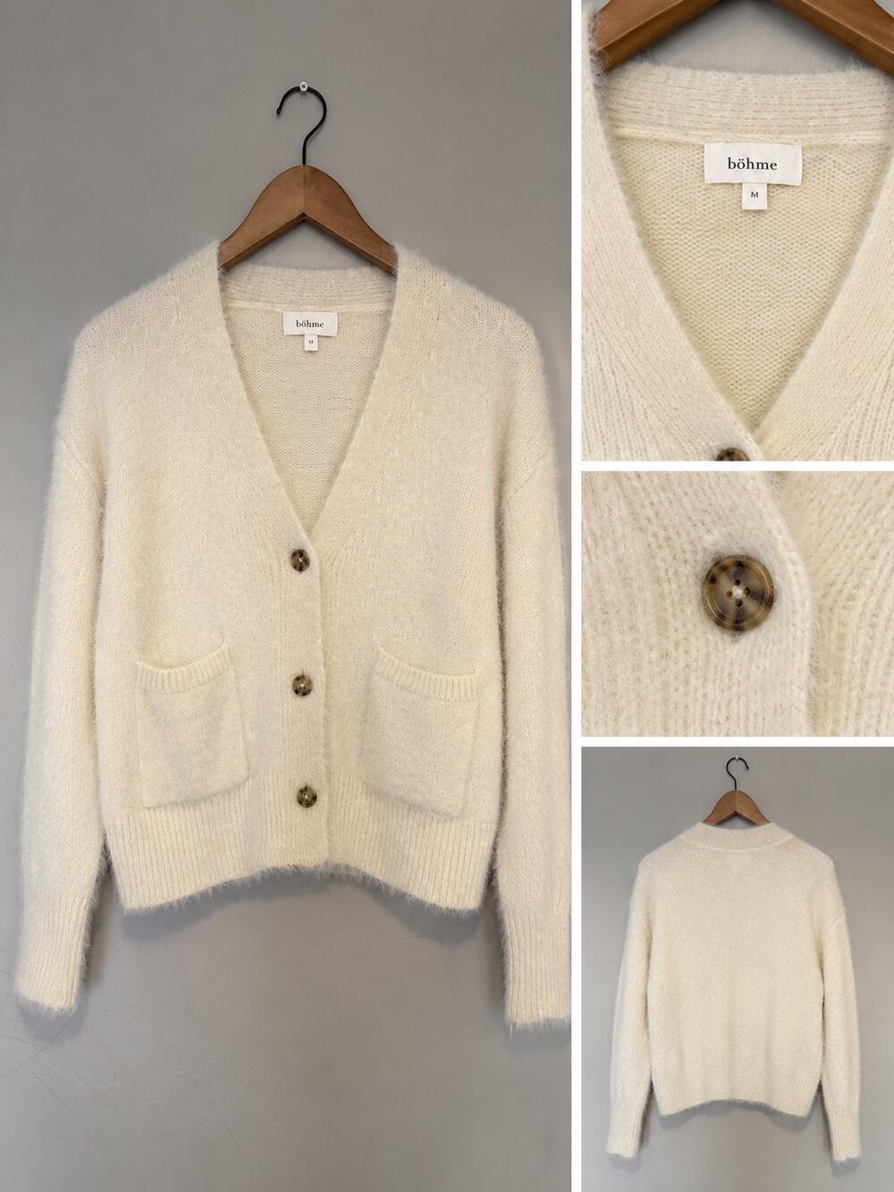 Böhme Ivory Fluffy Knit Cardigan Women's Button Front V Neck Cozy Sweater Size M
